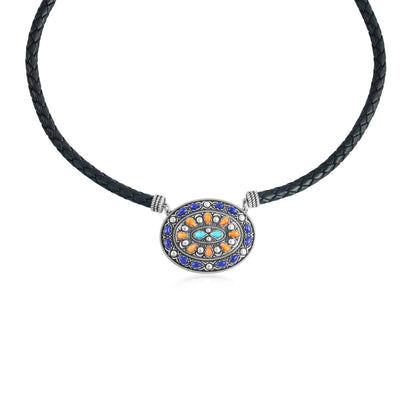 Sterling Silver Multi-Gemstone Oval Pendant Black Leather Necklace
