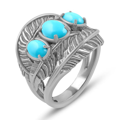 Sterling Silver Sleeping Beauty Turquoise Three-Stone Oval Cut Feather Ring, Sizes 5 to 11