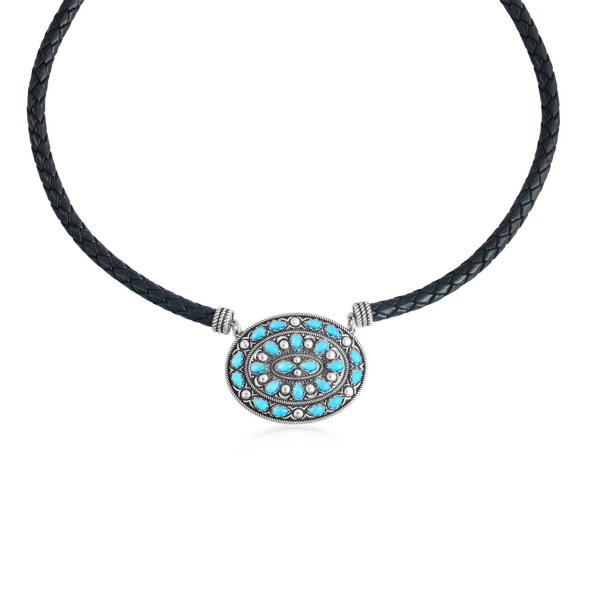 Sterling Silver Kingman Turquoise Oval Pendant Black Leather Necklace