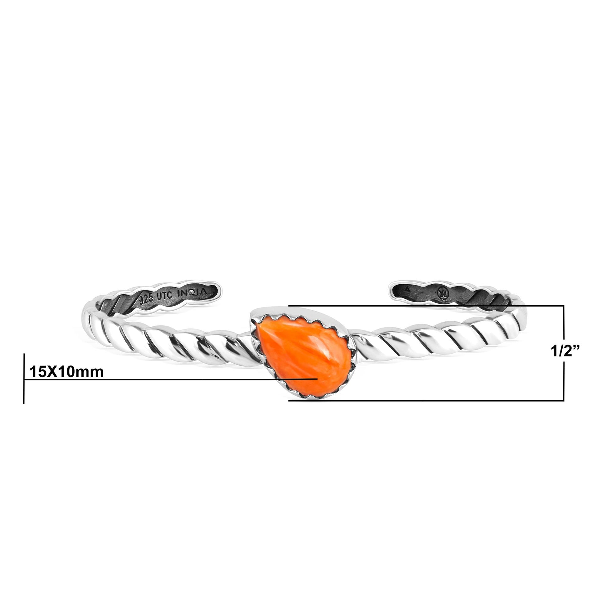 Sterling Silver Orange Spiny Oyster Pear Cut Stackable Cuff Bracelet, Sizes Small to Large