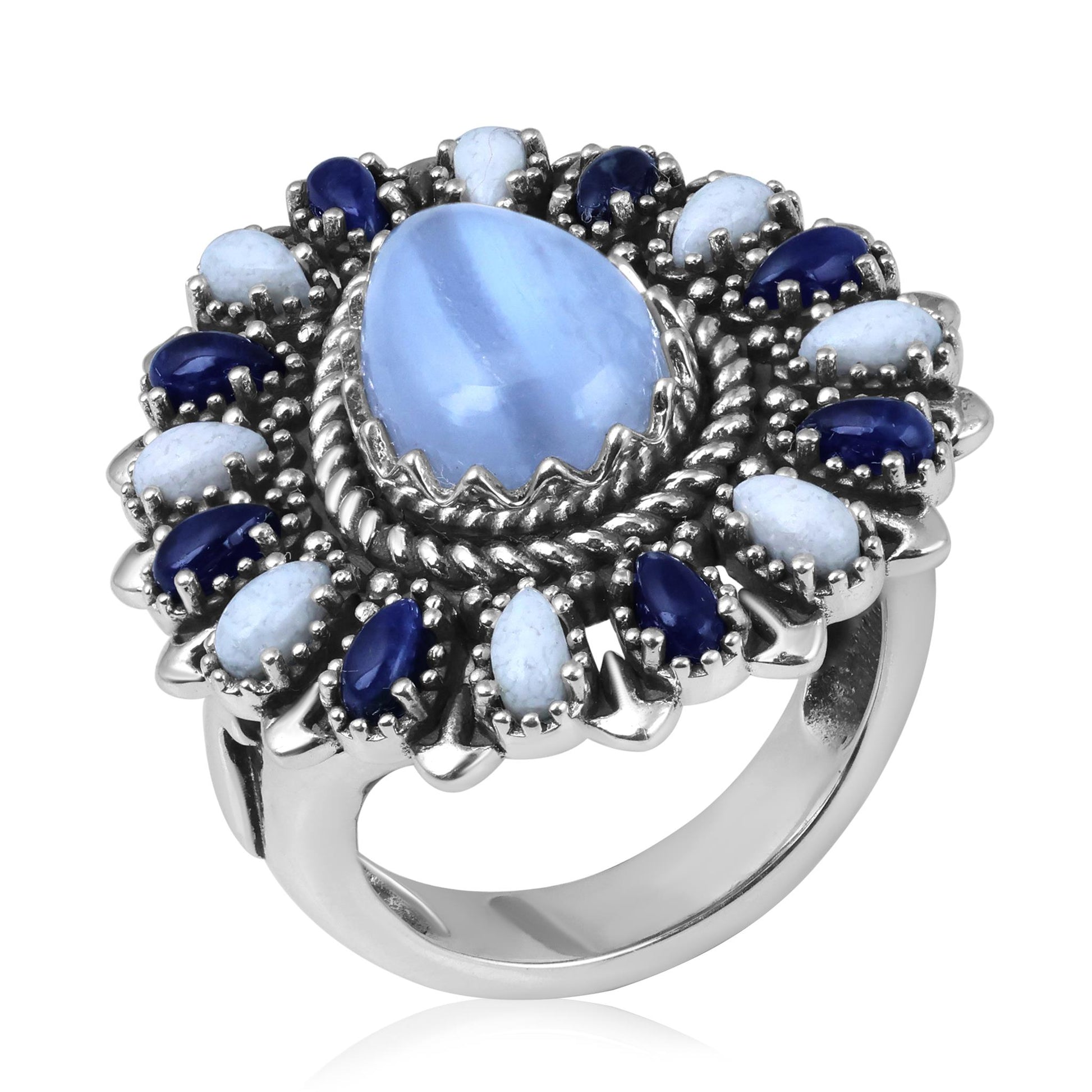 Sterling Silver Blue Lace Agate, Sodalite and White Agate Pear-Shaped Cluster Ring