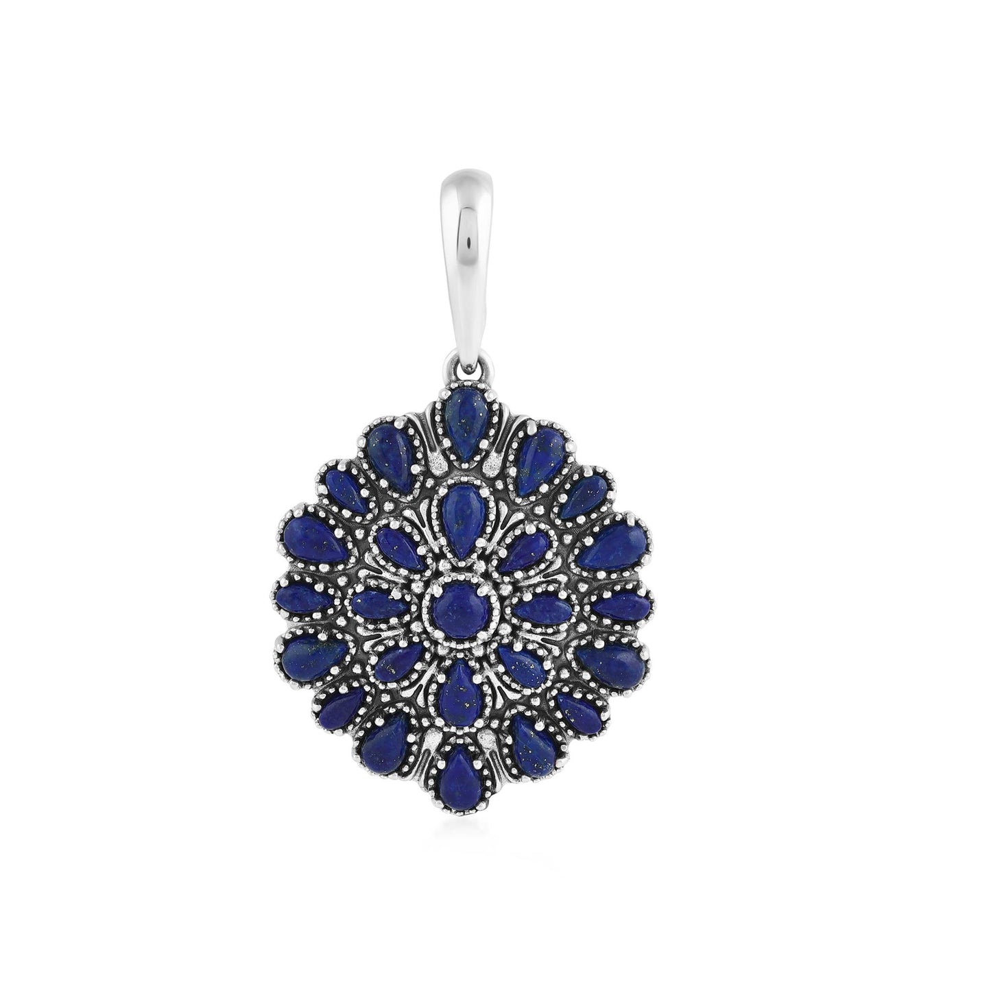 Sterling Silver Lapis Petit Point Round Pendant Enhancer