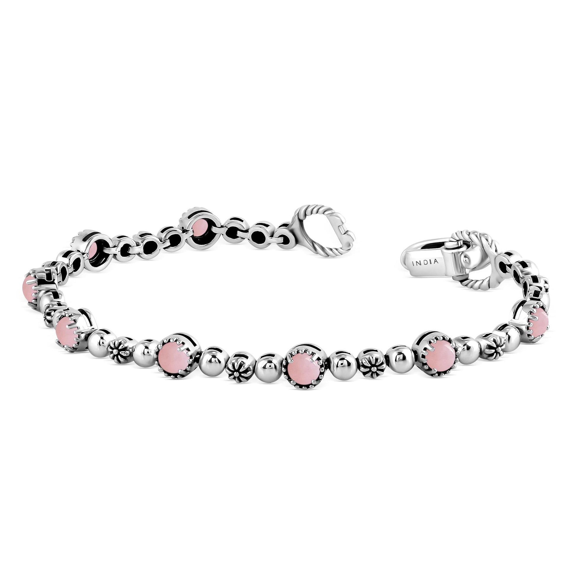 Sterling Silver Pink Opal Round Beaded Bracelet