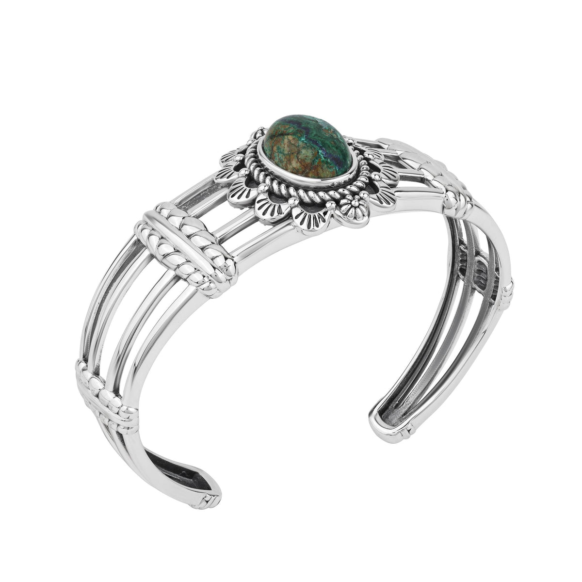 Sterling Silver Azurite Oval Scallop Open Cuff Bracelet, Sizes Small to Large