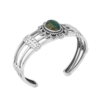 Sterling Silver Azurite Oval Scallop Open Cuff Bracelet, Sizes Small to Large