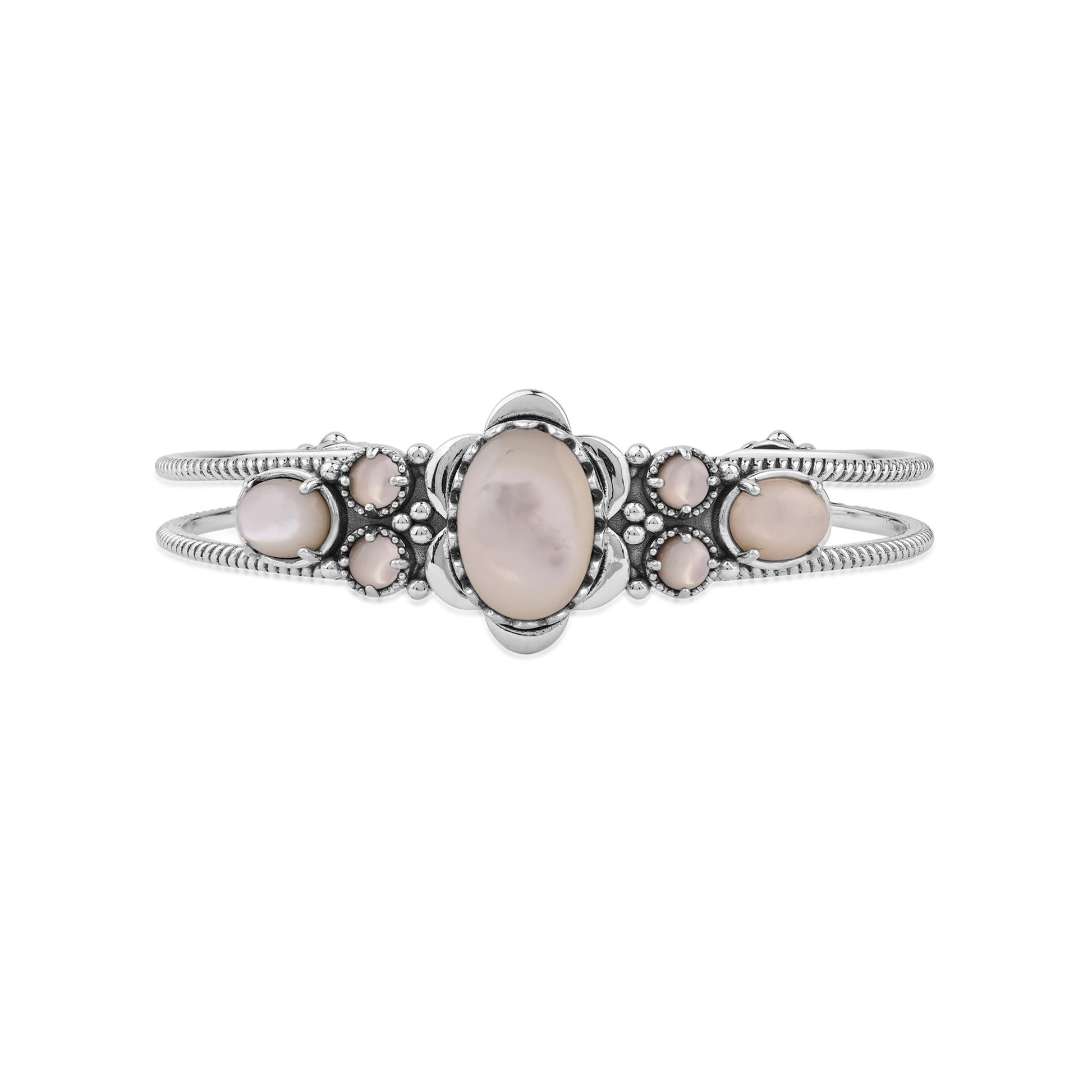  Sterling Silver White Mother of Pearl Oval and Round Open Cuff Bracelet