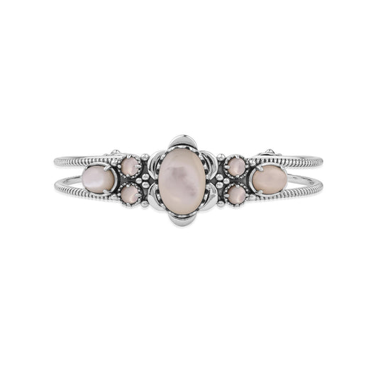  Sterling Silver White Mother of Pearl Oval and Round Open Cuff Bracelet