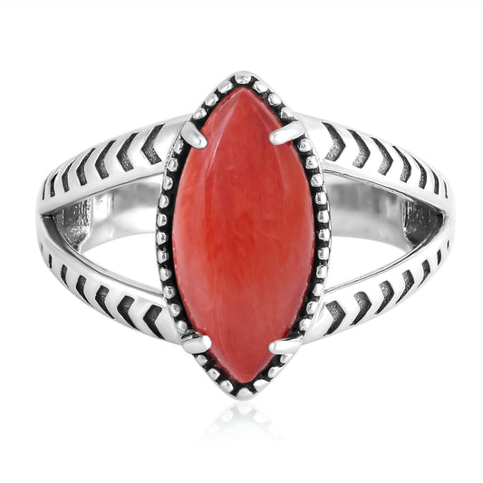 Sterling Silver Red Spiny Oyster Marquise Split Shank Ring