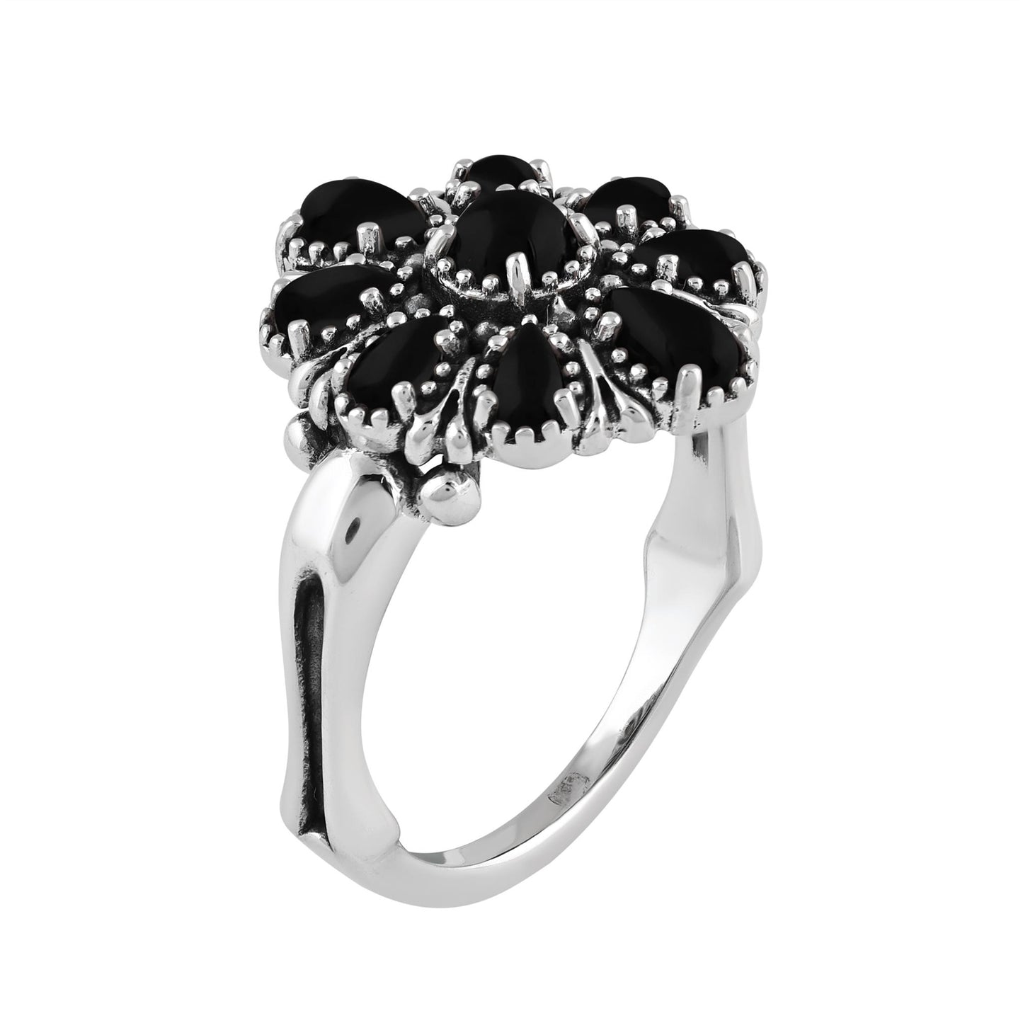  Sterling Silver Black Onyx Flower Cluster Ring