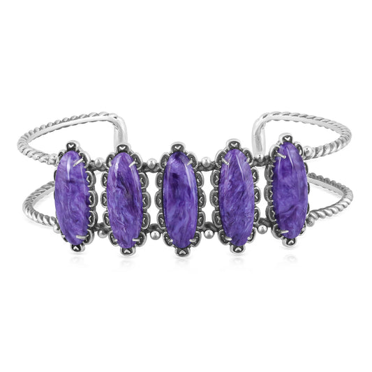 Sterling Silver Charoite 5-Stone Oval Cuff Bracelet, Sizes Medium to Large