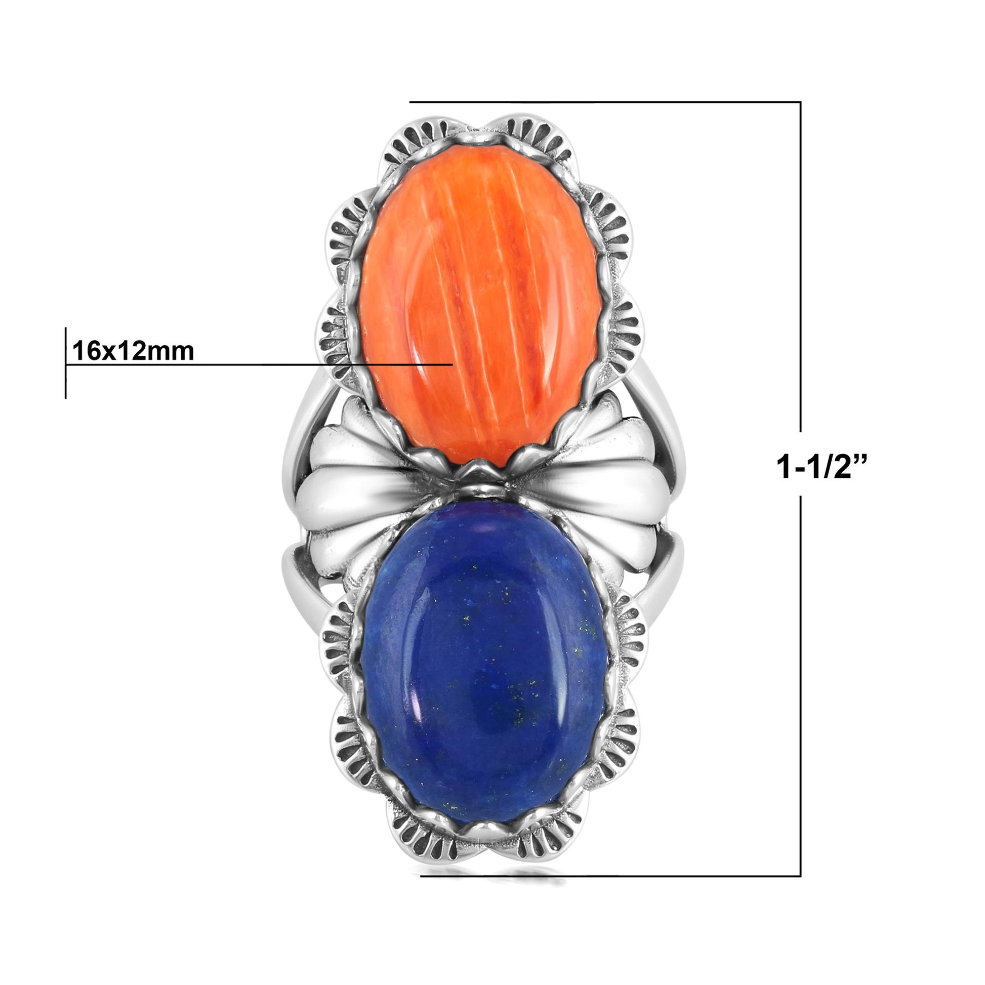 Sterling Silver Oval Lapis and Orange Spiny Oyster Scalloped Ring