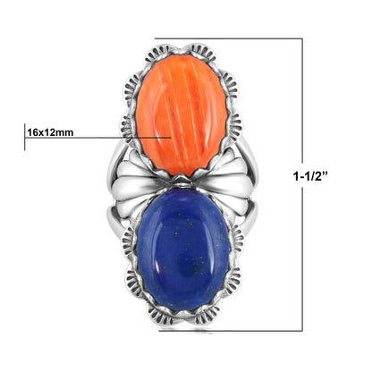 Sterling Silver Oval Lapis and Orange Spiny Oyster Scalloped Ring