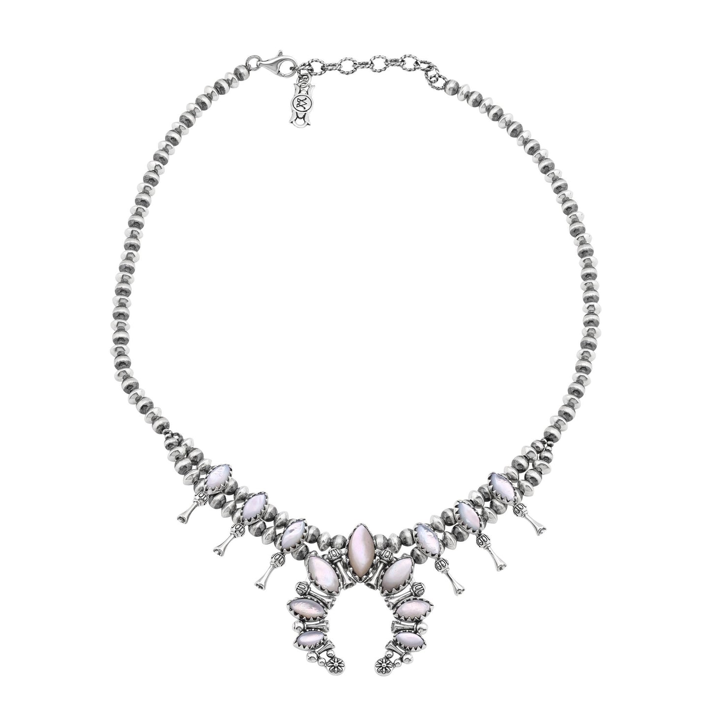  Sterling Silver White Mother of Pearl Marquise-Cut Squash Blossom Necklace 