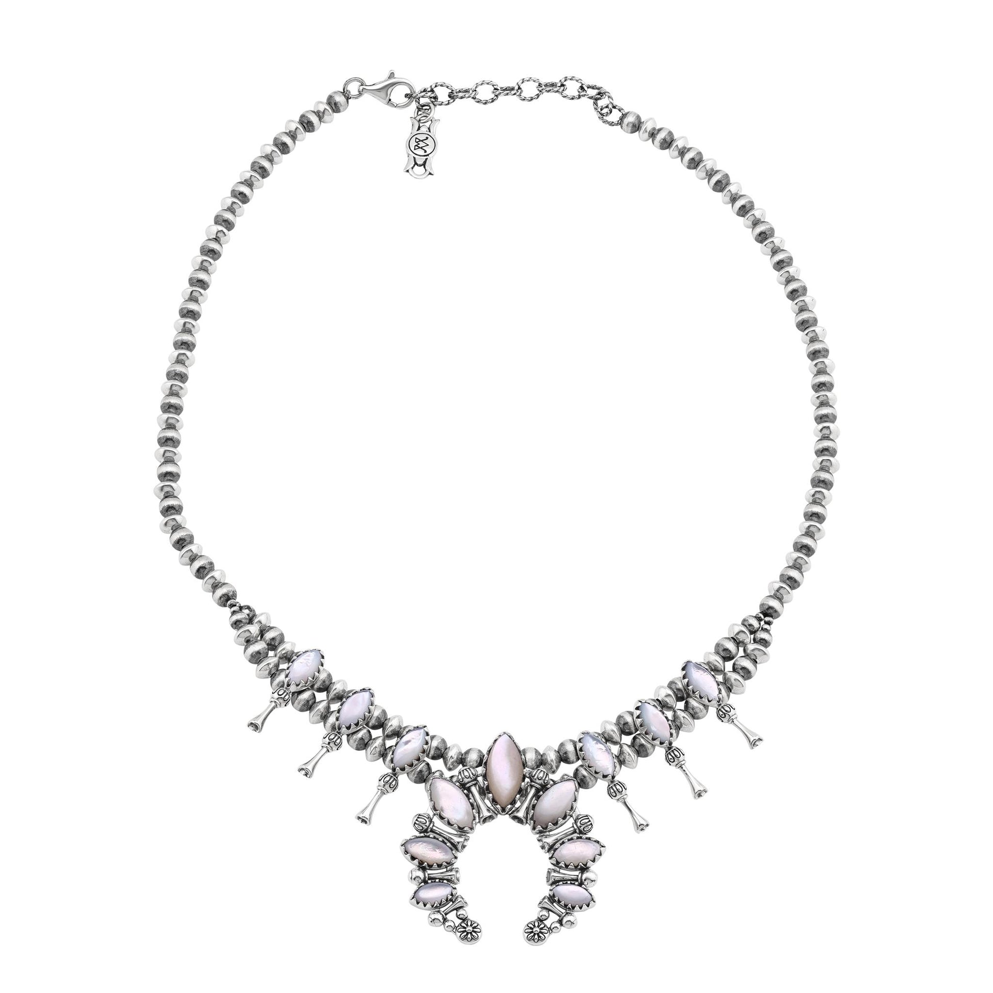  Sterling Silver White Mother of Pearl Marquise-Cut Squash Blossom Necklace 