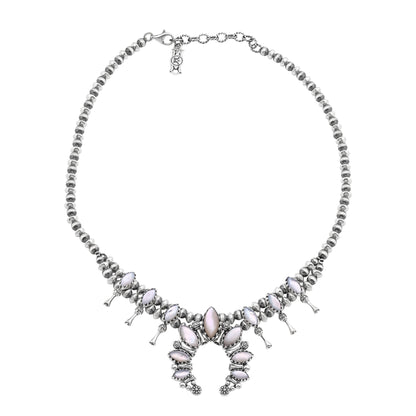  Sterling Silver White Mother of Pearl Marquise-Cut Squash Blossom Necklace 