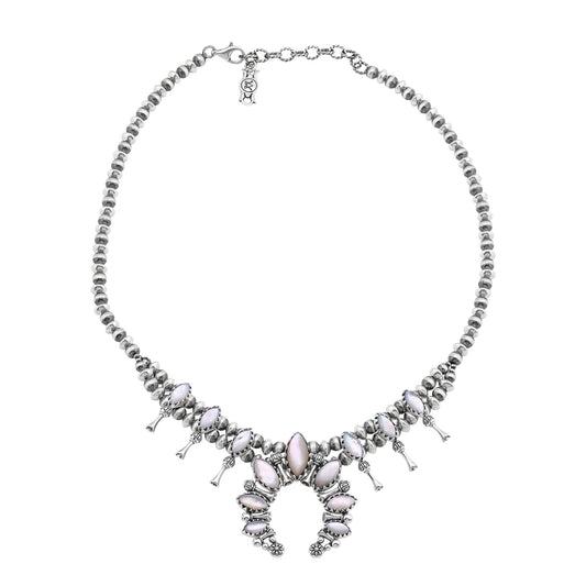  Sterling Silver White Mother of Pearl Marquise-Cut Squash Blossom Necklace 