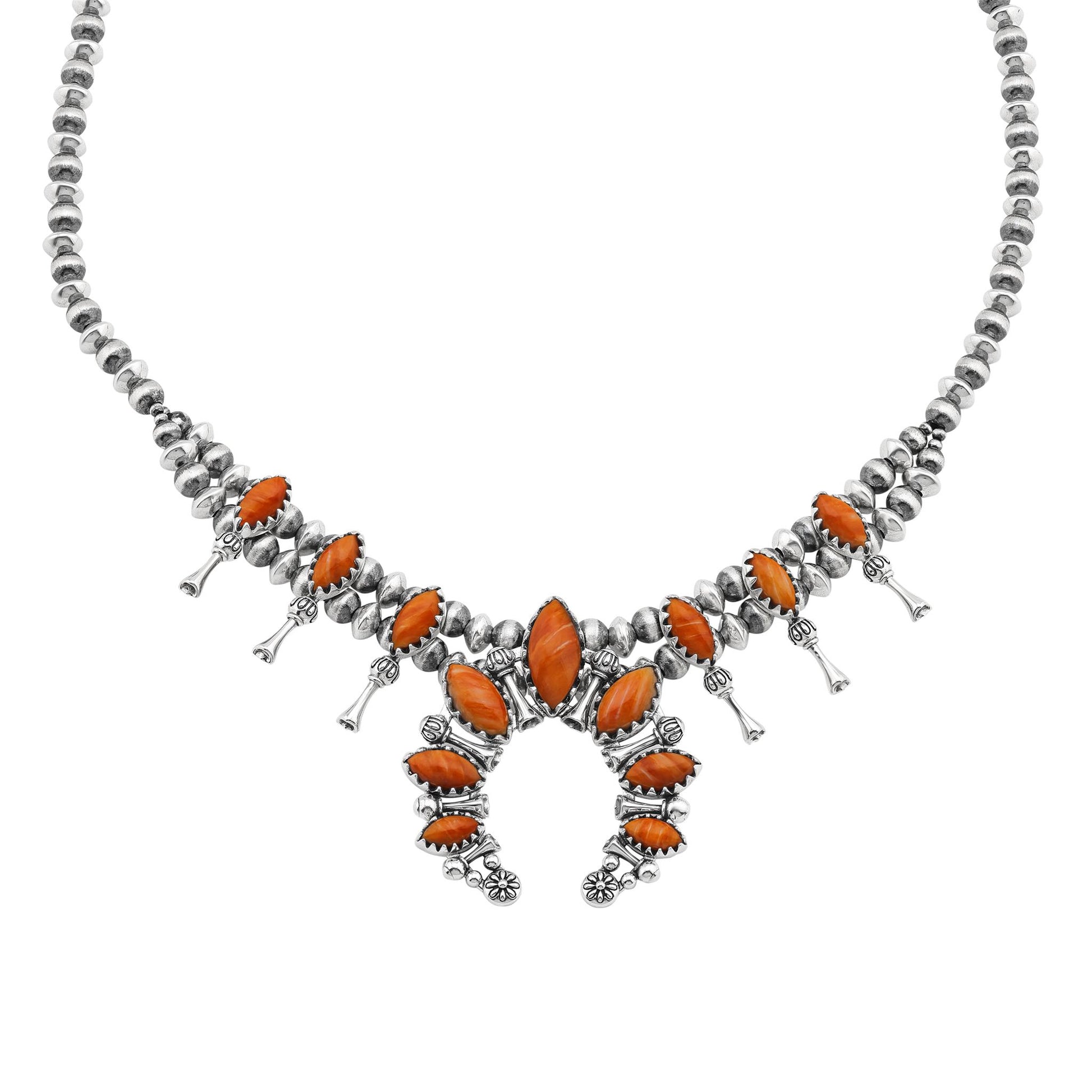  Sterling Silver Orange Spiny Oyster Marquise-Cut Squash Blossom Necklace