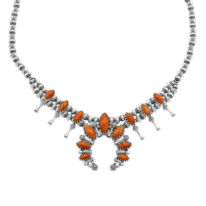  Sterling Silver Orange Spiny Oyster Marquise-Cut Squash Blossom Necklace