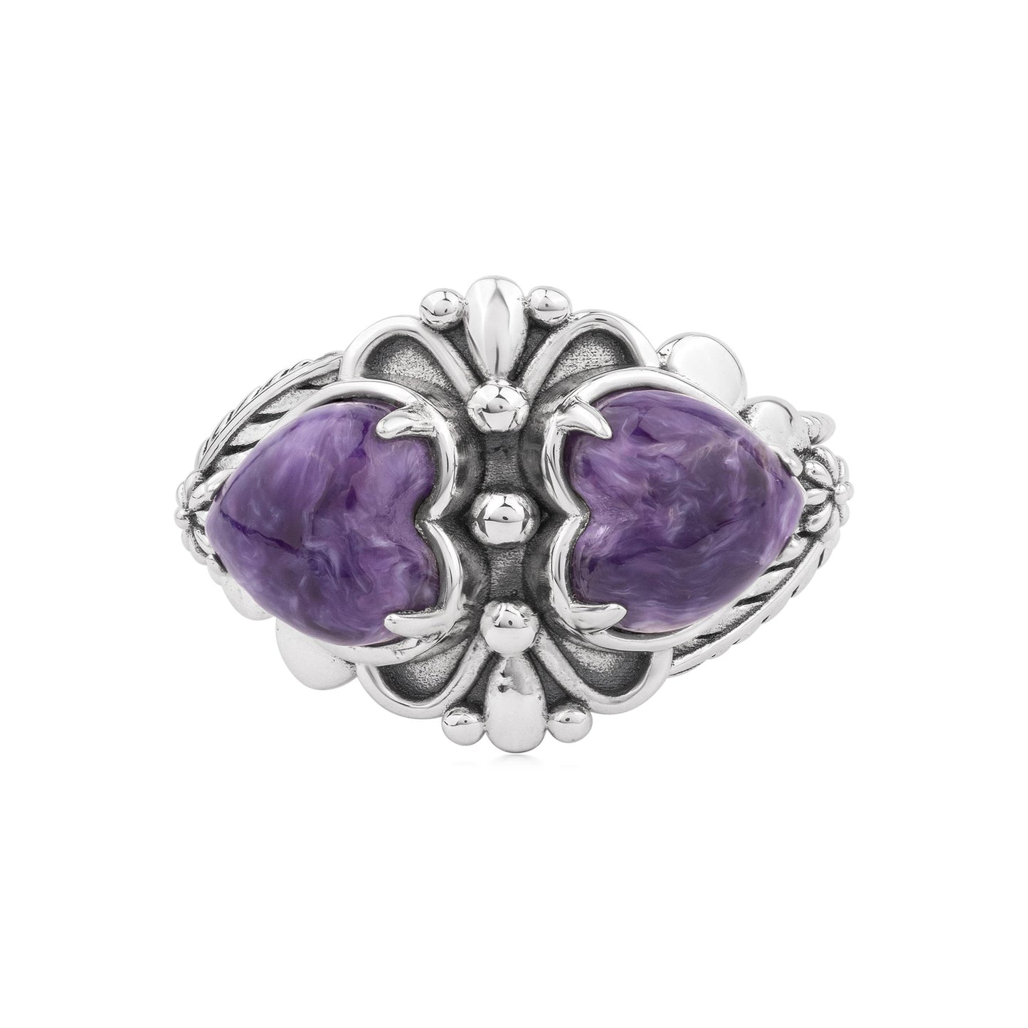EXCLUSIVELY OURS! Sterling Silver Charoite Double Heart Ring, Sizes 5 to 11