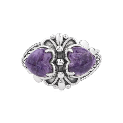 EXCLUSIVELY OURS! Sterling Silver Charoite Double Heart Ring, Sizes 5 to 11