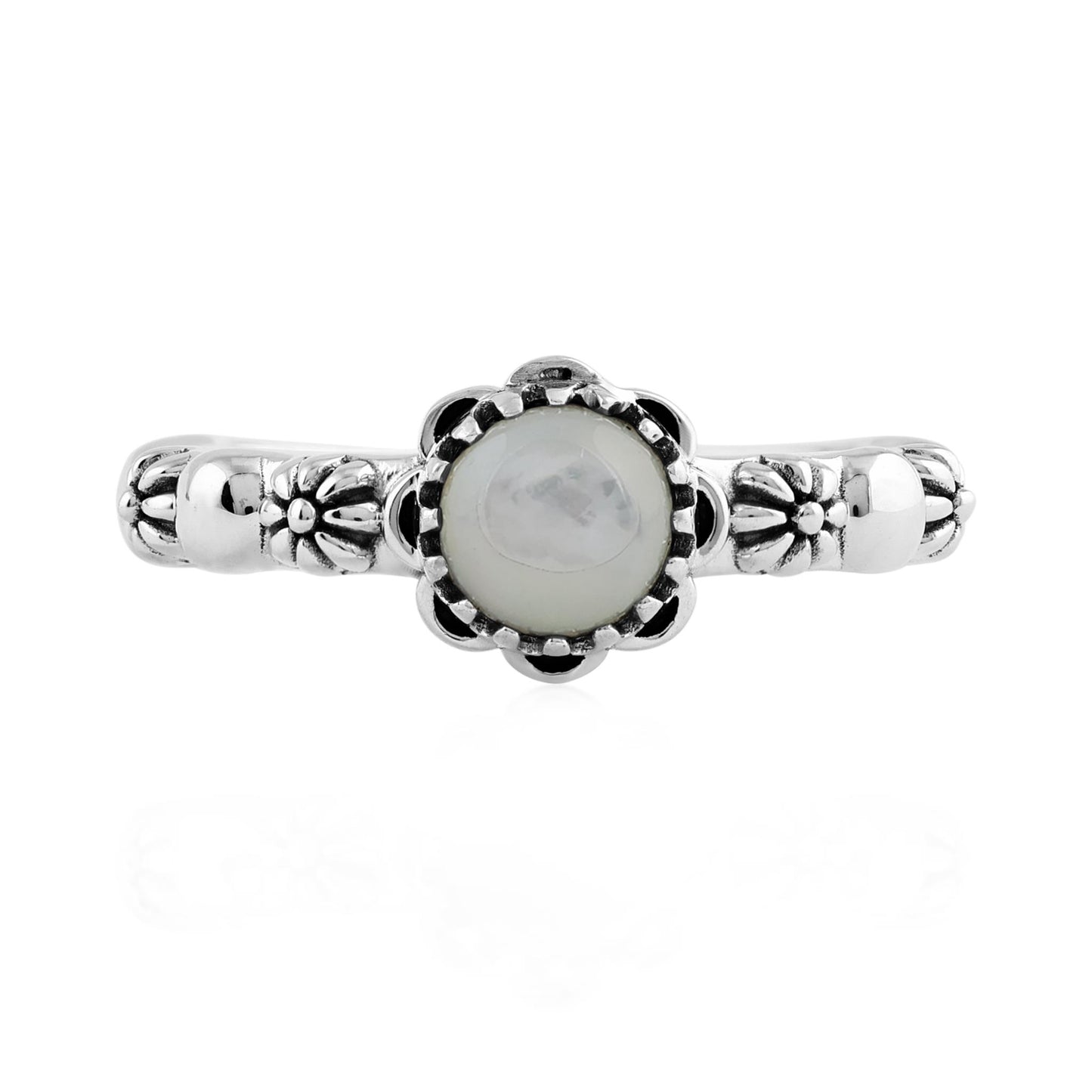  Sterling Silver White Mother of Pearl Single Row Concha Flower Ring