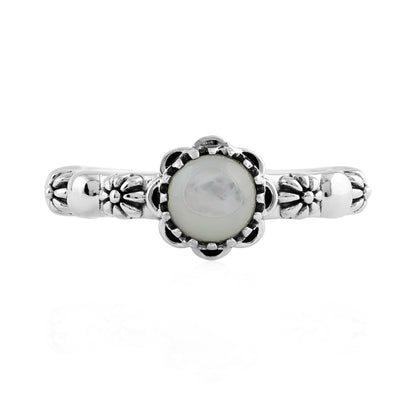  Sterling Silver White Mother of Pearl Single Row Concha Flower Ring