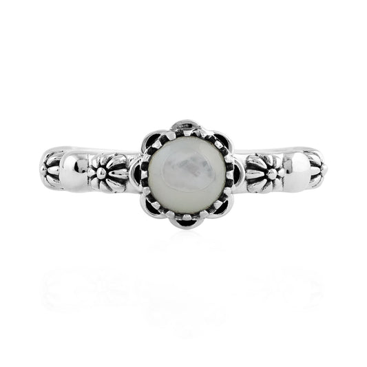  Sterling Silver White Mother of Pearl Single Row Concha Flower Ring