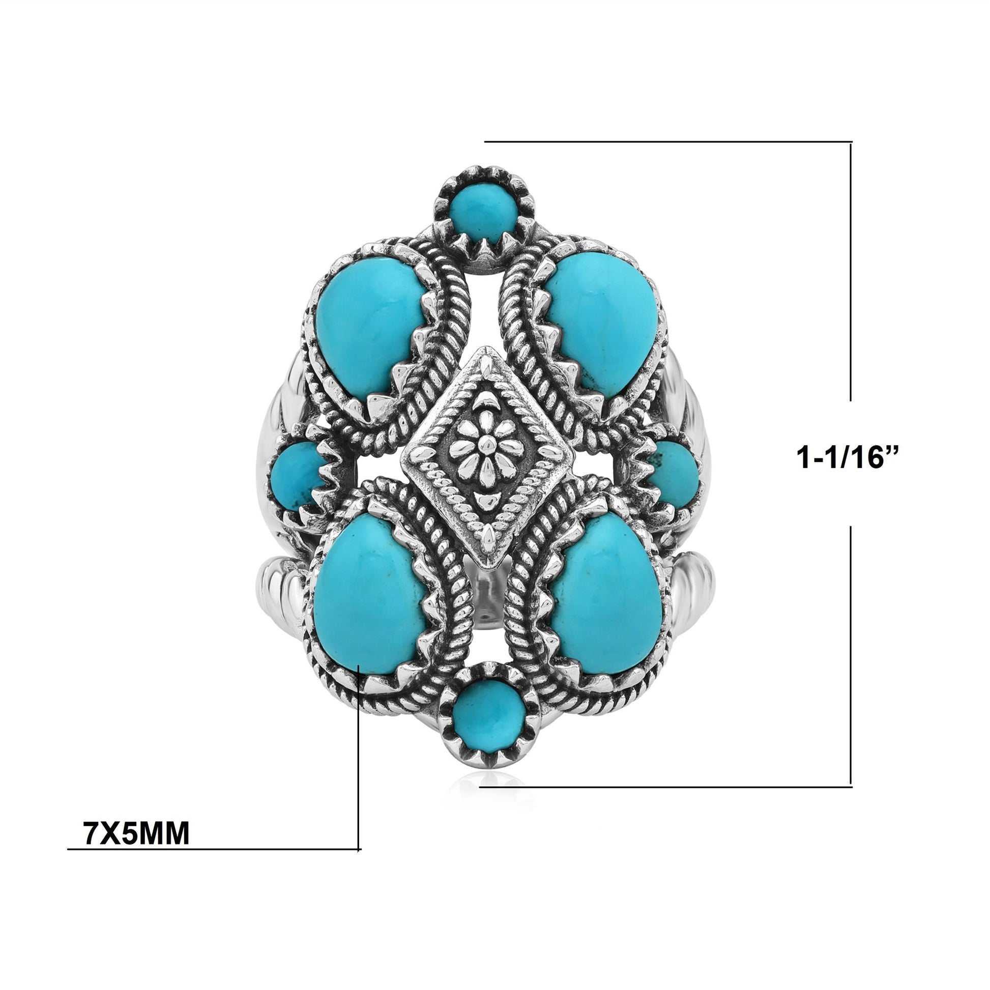 Sterling Silver Sleeping Beauty Turquoise 4 Pear and Round Cut Cluster Ring