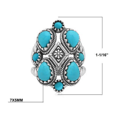 Sterling Silver Sleeping Beauty Turquoise 4 Pear and Round Cut Cluster Ring