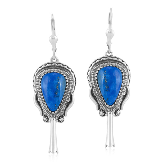 Sterling Silver Lapis Lazuli Squash Blossom Dangle Earrings