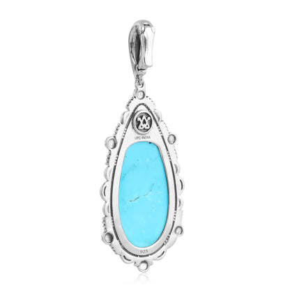 Sterling Silver Blue Turquoise Teardrop Bordered Design Pendant Enhancer