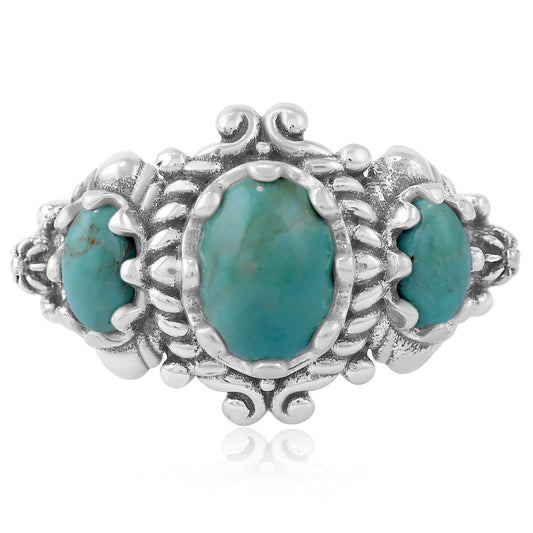 Sterling Silver Green Turquoise 3-Stone Oval Scalloped Bezel Ring