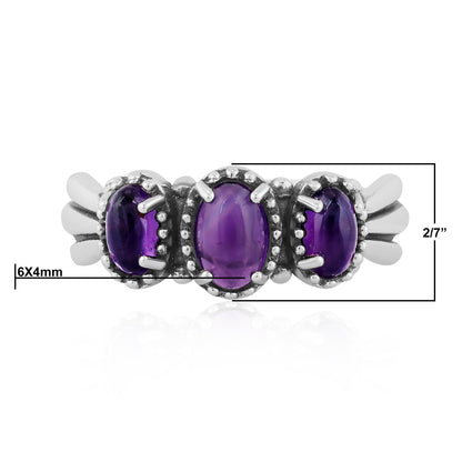 Sterling Silver Amethyst 3-Stone Fan Ring