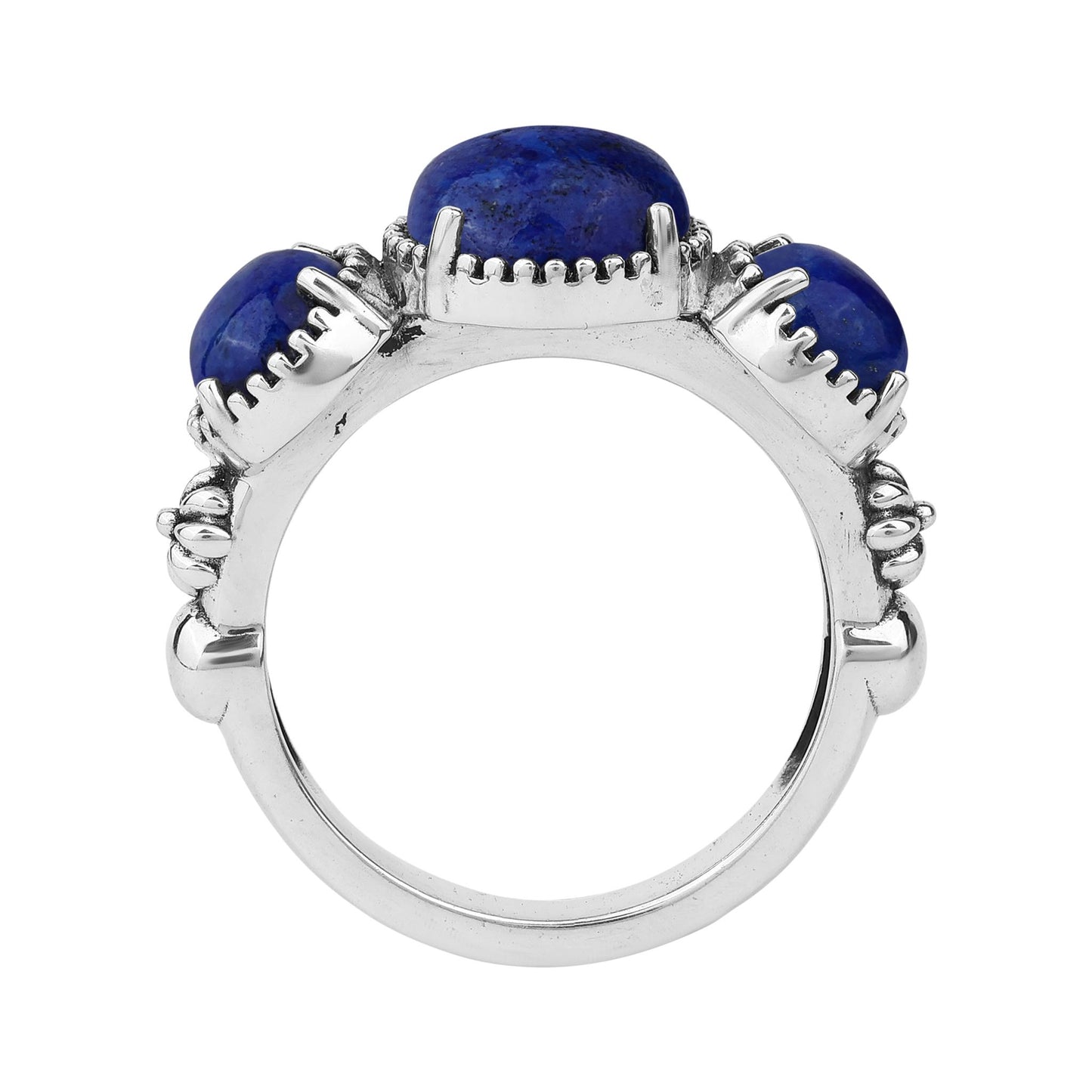 Sterling Silver Lapis Oval 3 Stone Concha and Bead Ring
