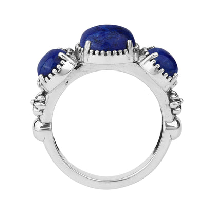 Sterling Silver Lapis Oval 3 Stone Concha and Bead Ring