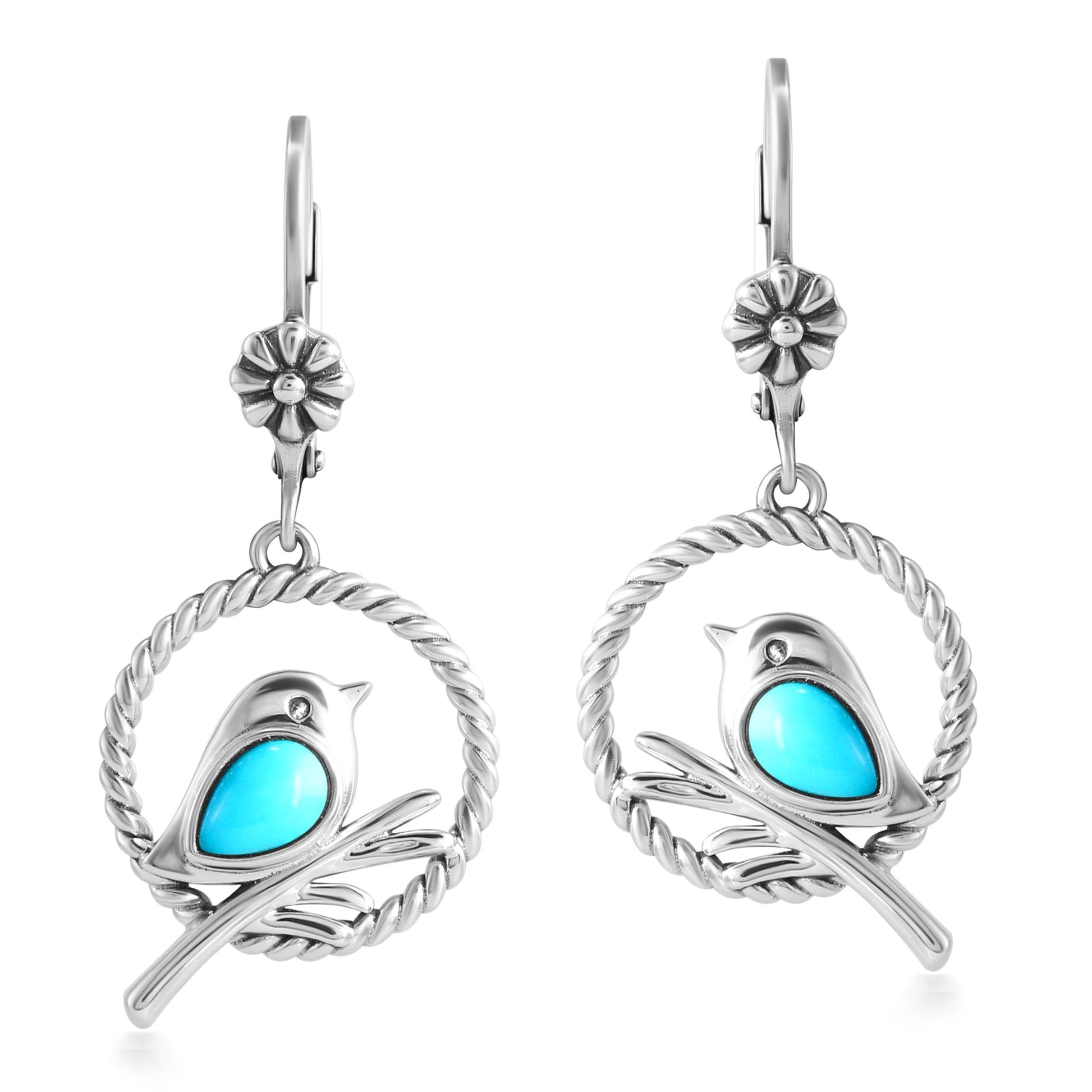 EXCLUSIVELY OURS! Sterling Silver Sleeping Beauty Turquoise Bird and Branch Open Circle Dangle Earrings