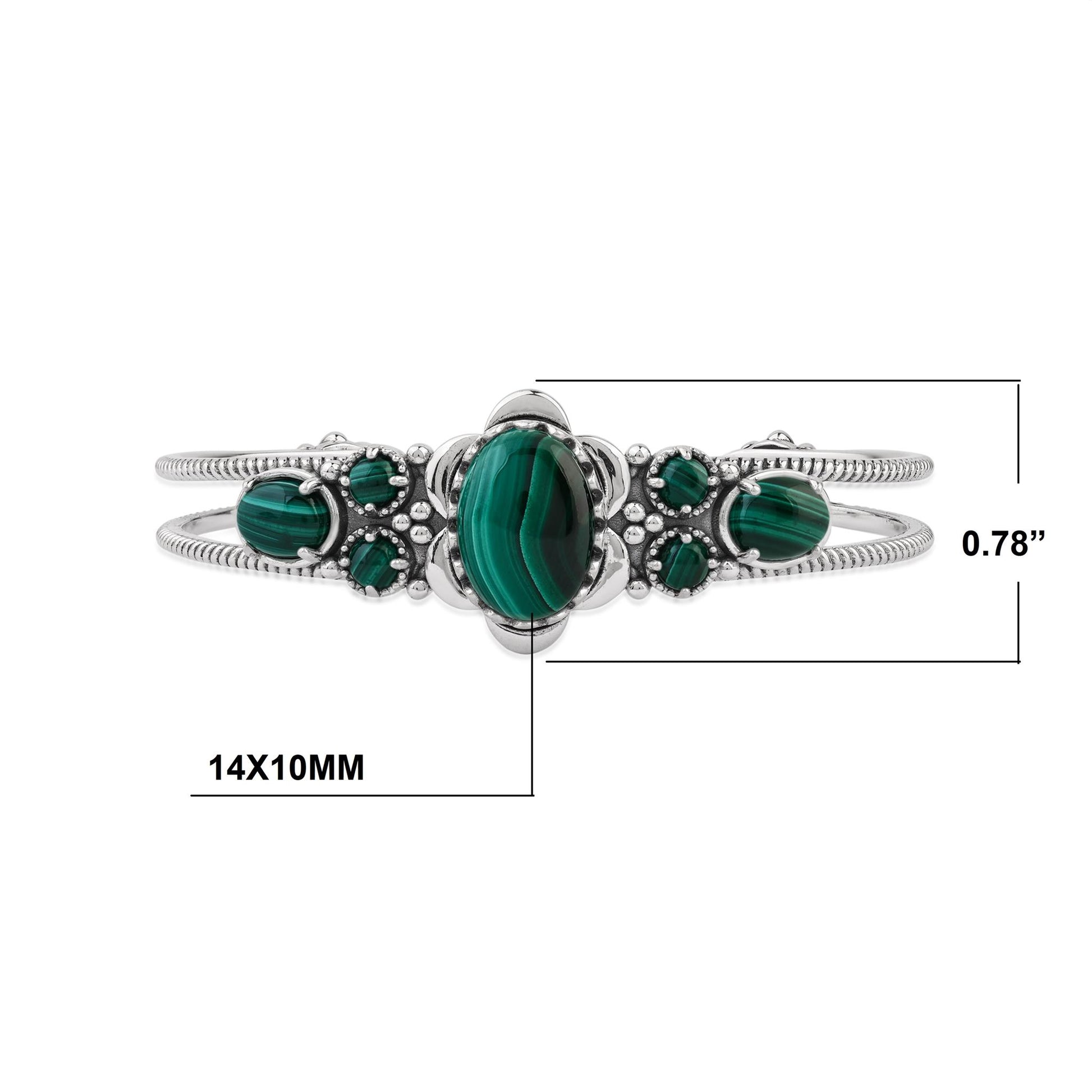 Sterling Silver Malachite Oval and Round Open Cuff Bracelet