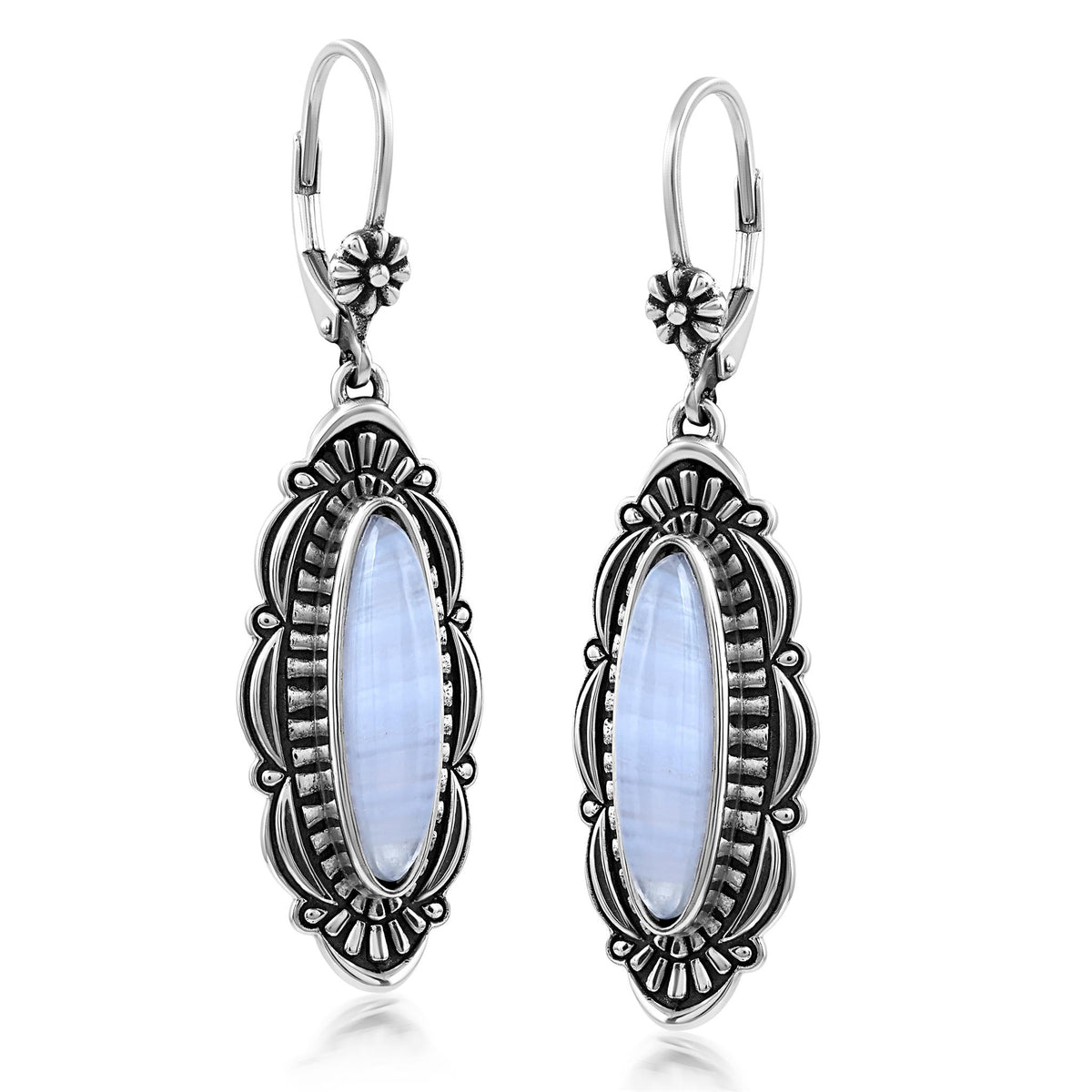 Sterling Silver Blue Lace Agate Elongated Oval Textured Lever Back Earrings 