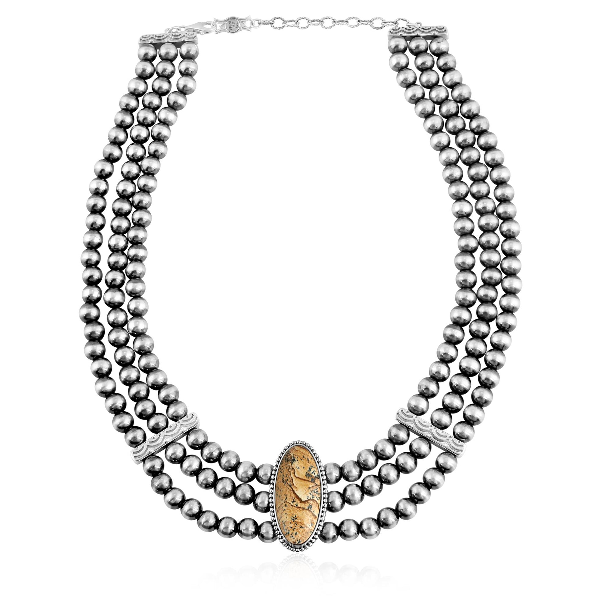 Sterling Silver Picture Jasper Oval Cut Triple-Row Beaded Necklace