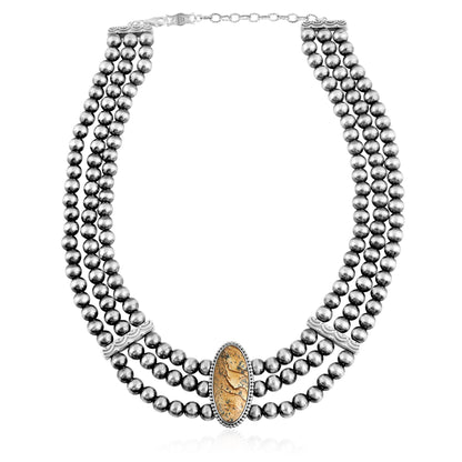 Sterling Silver Picture Jasper Oval Cut Triple-Row Beaded Necklace