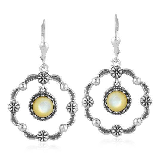 Sterling Silver Yellow Mother of Pearl Circle Concha Lever Back Earrings