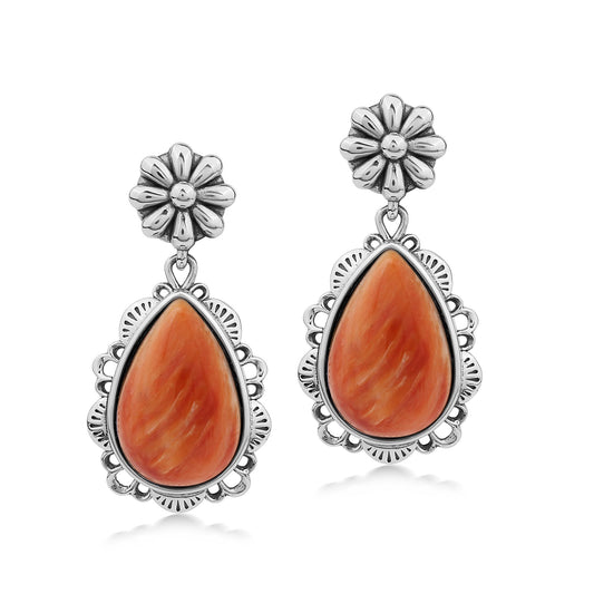  Sterling Silver Orange Spiny Oyster Pear-Cut Concha Dangle Earrings