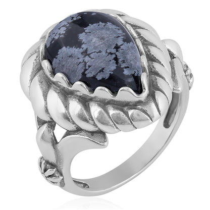 EXCLUSIVELY OURS! Sterling Silver Snowflake Obsidian Pear Cut Rope Ring, Sizes 5 to 11