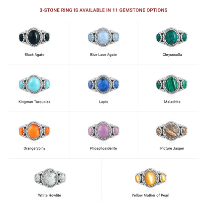 Sterling Silver Blue Lace Agate 3-Stone Ring, Sizes 5 to 11