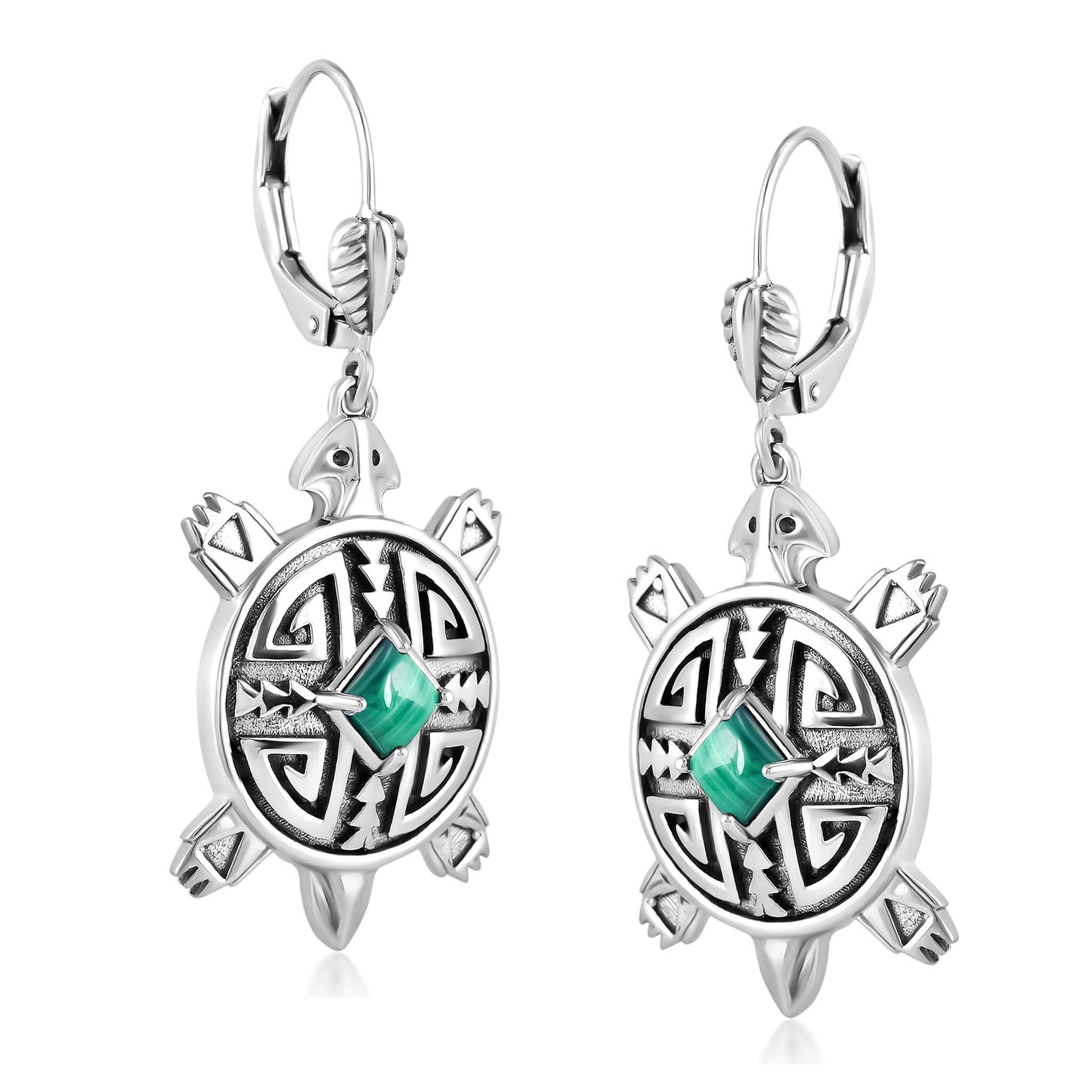 EXCLUSIVELY OURS! Sterling Silver Malachite Turtle Dangle Earrings