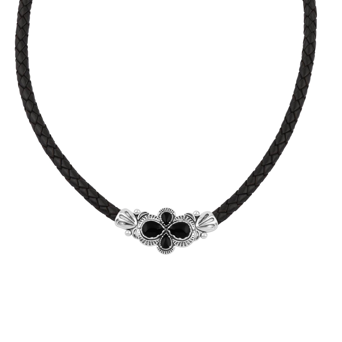  Sterling Silver Black Onyx Pear Cluster Black Leather Necklace 