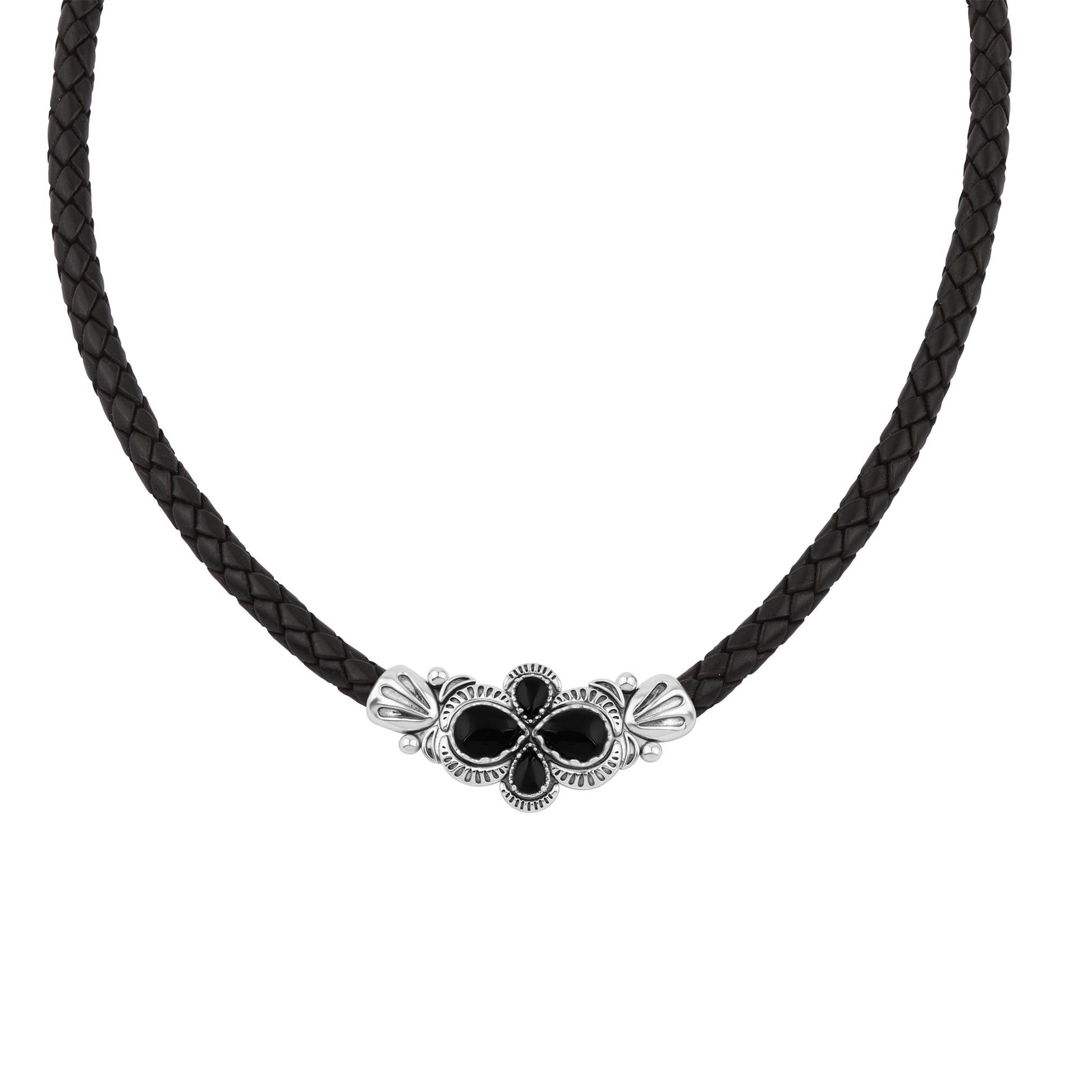  Sterling Silver Black Onyx Pear Cluster Black Leather Necklace 