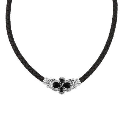  Sterling Silver Black Onyx Pear Cluster Black Leather Necklace 