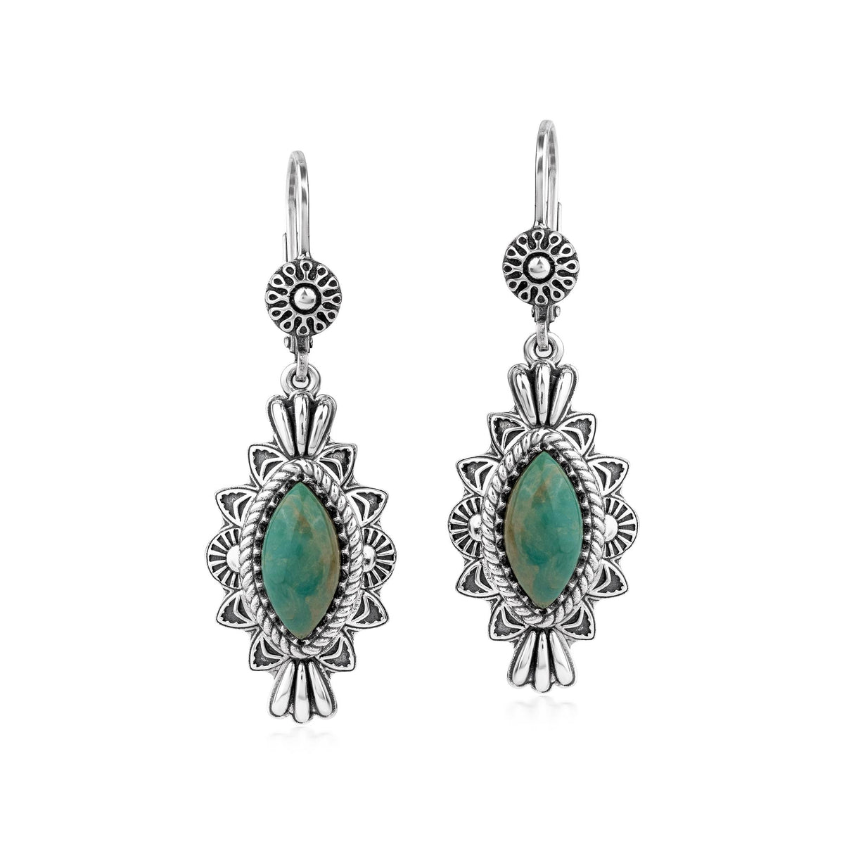 Sterling Silver Green Turquoise Marquise Cut Lever Back Earrings
