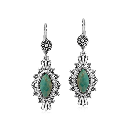 Sterling Silver Green Turquoise Marquise Cut Lever Back Earrings